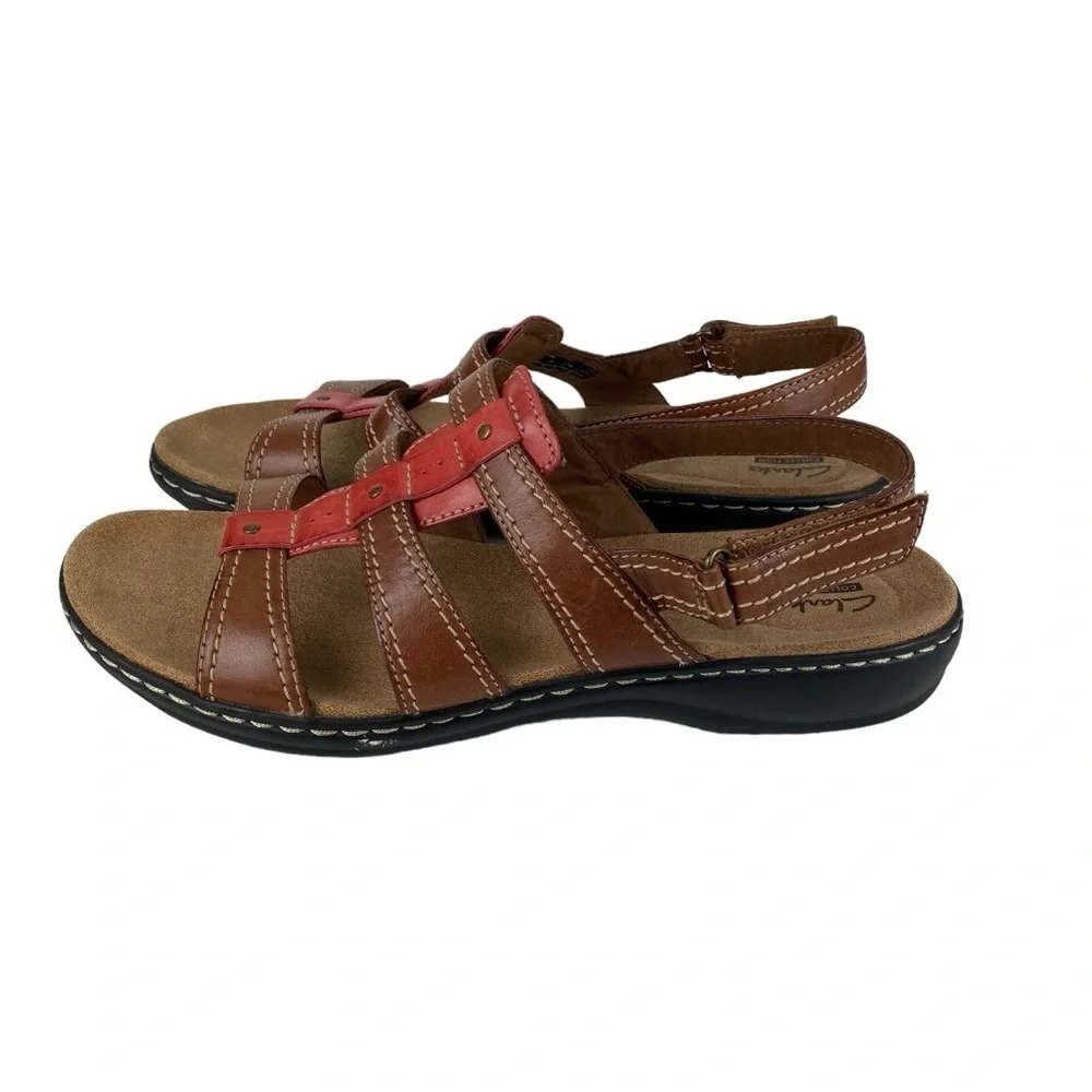 Clarks Brown Leather Sandals Slingback Pink  Women’s Size 12 Hook Loop Adj